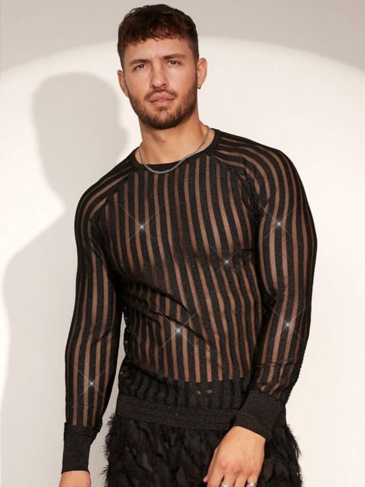 BONGA-BOYS Men's Striped Sexy crew Neck Long sleeve TShirt